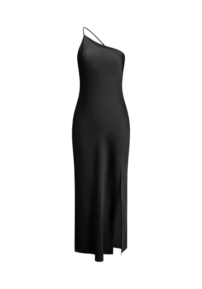 Sukienka wieczorowa z odkrytymi plecami i rozcięciem, długość maxi, elegancki minimalistyczny design