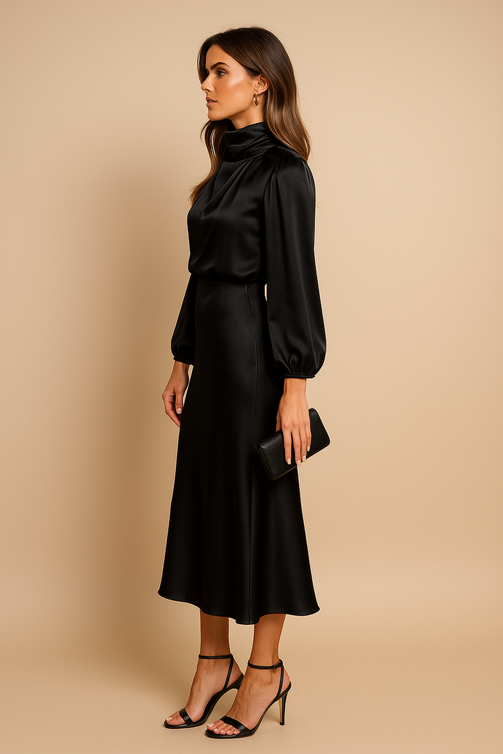 Elegancka sukienka midi z golfem w pełnej długości z płynną spódnicą