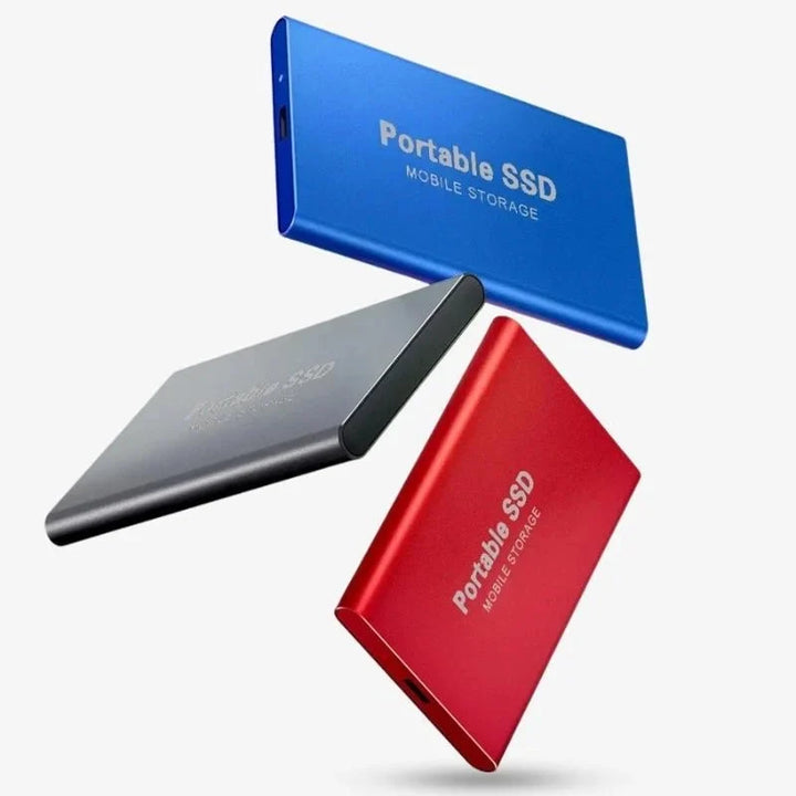 Przenośny dysk twardy SSD z aluminiową obudową i silikonową ramką ochronną w kolorze niebieskim