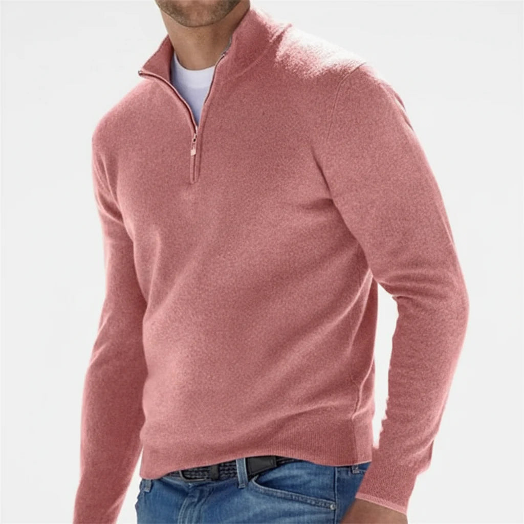 Sweter męski z zamkiem quarter-zip w kolorze różowym, długi rękaw, gładka dzianina, widok z przodu