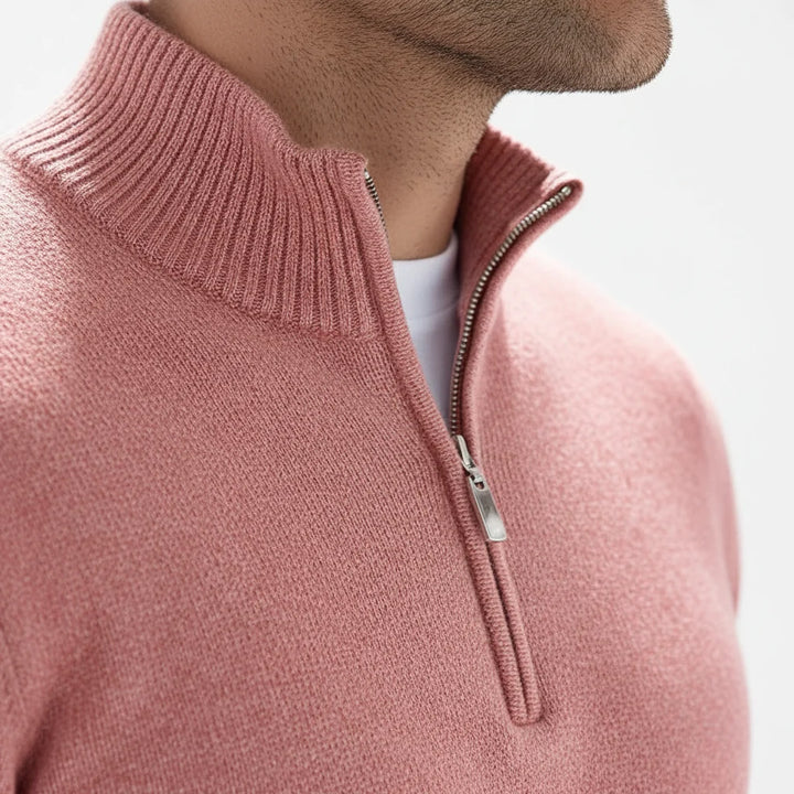 Sweter męski quarter-zip, długi rękaw, różowy kolor, uniwersalny fason