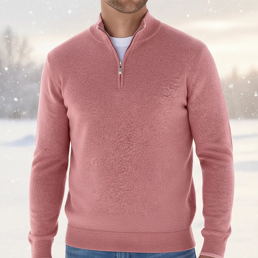 Sweter męski z długim rękawem, zamek quarter-zip, różowy, widok z boku