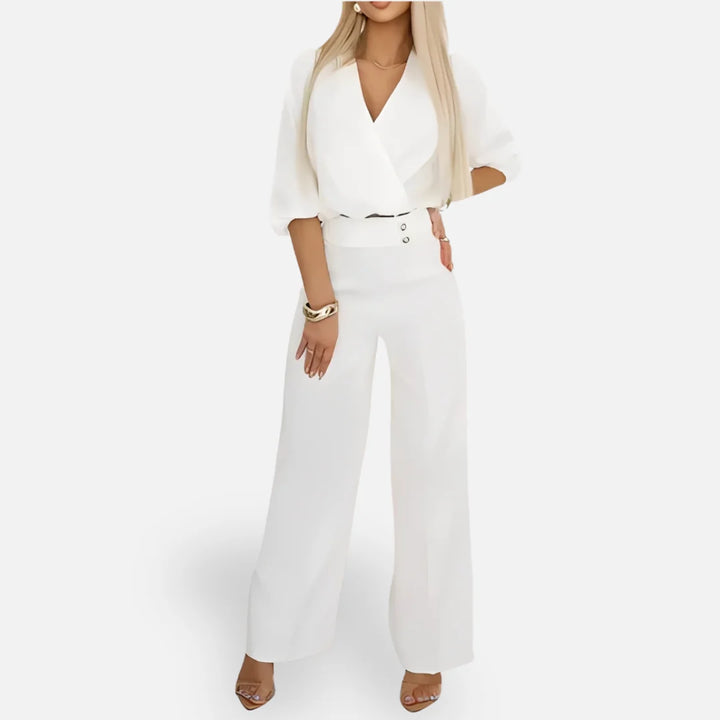 Damski Komplet Bluzka Kopertowa I Szerokie Spodnie Elegancki w kolorze białym z dekoltem V i wysokim stanem