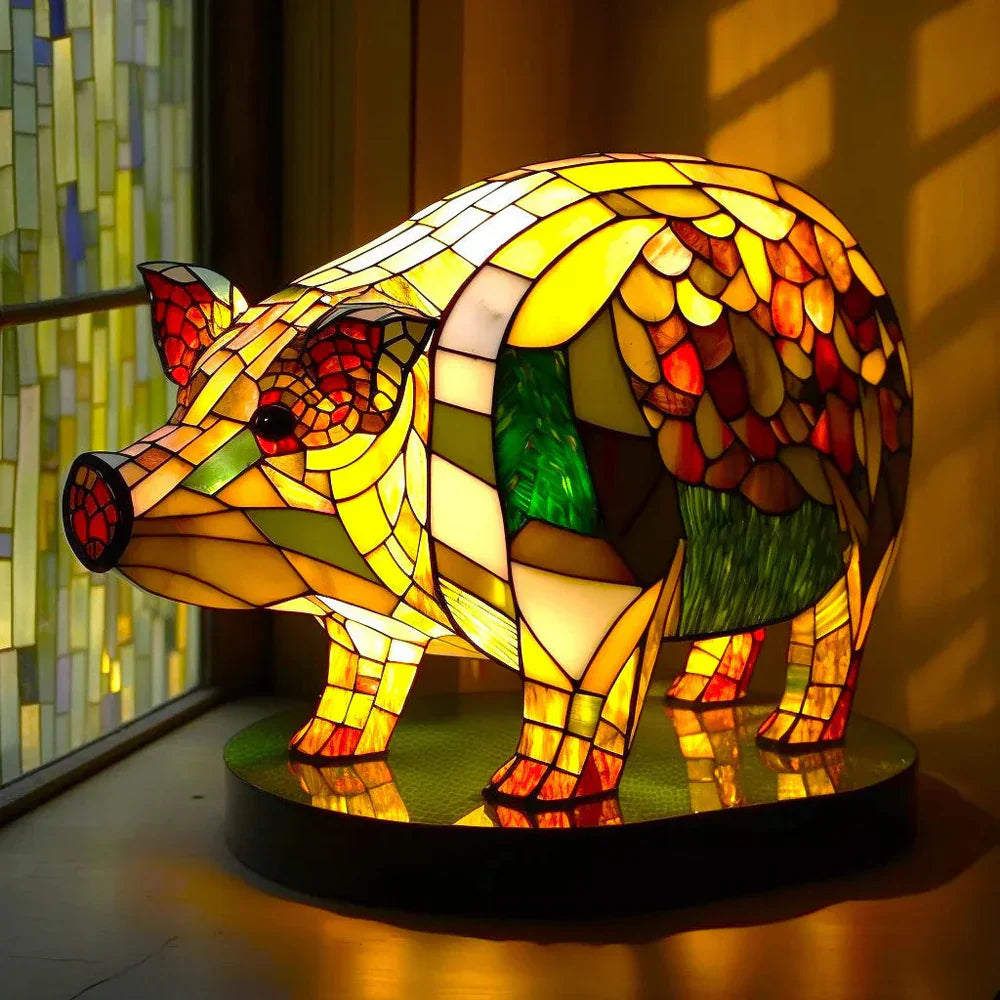 Lampa Artystyczna witrażowa z motywem zwierzęcia wykonana z malowanego szkła w ciepłych odcieniach