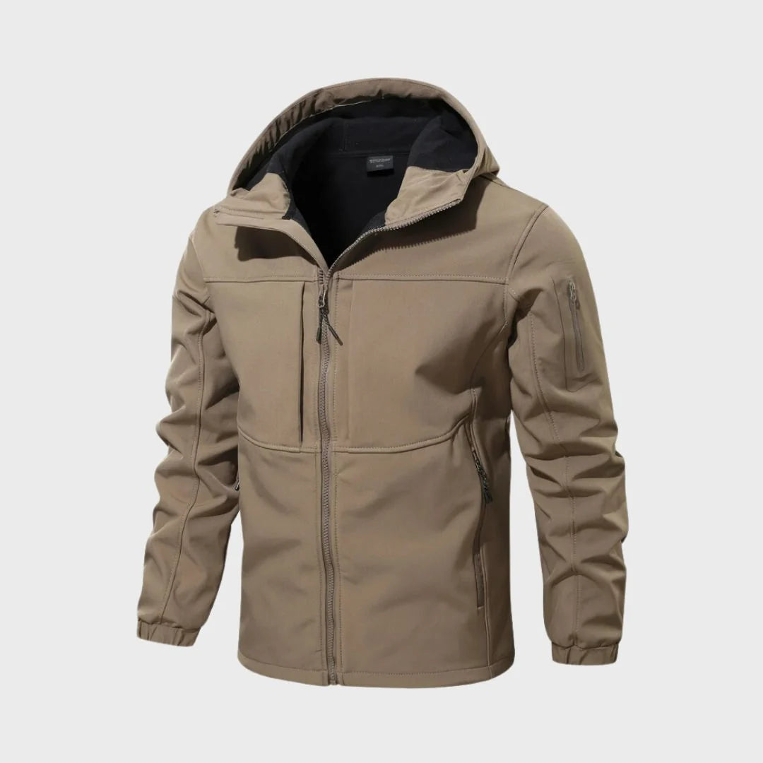 Stylowa Wodoodporna Kurtka Softshell Męska w kolorze beżowym z kapturem i kieszeniami na zamek błyskawiczny