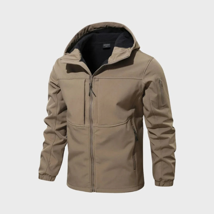 Stylowa Wodoodporna Kurtka Softshell Męska w kolorze beżowym z kapturem i kieszeniami na zamek błyskawiczny