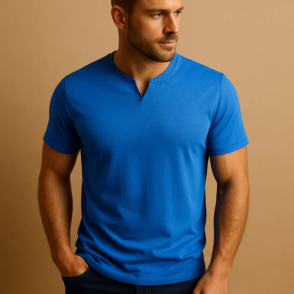 T-shirt męski henley w kolorze niebieskim z krótkim rękawem i dekoltem z guzikami na co dzień