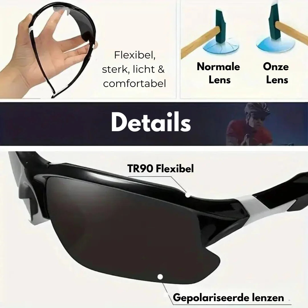 Polaryzacyjne okulary outdoor z czarną oprawą i białymi akcentami na zausznikach widok detali