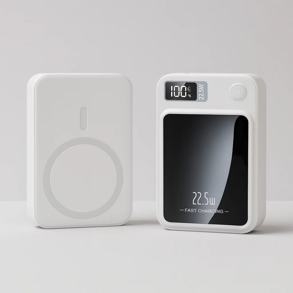 Przenośny powerbank z ładowaniem bezprzewodowym i przewodowym, widok z boku pokazujący kompaktową konstrukcję