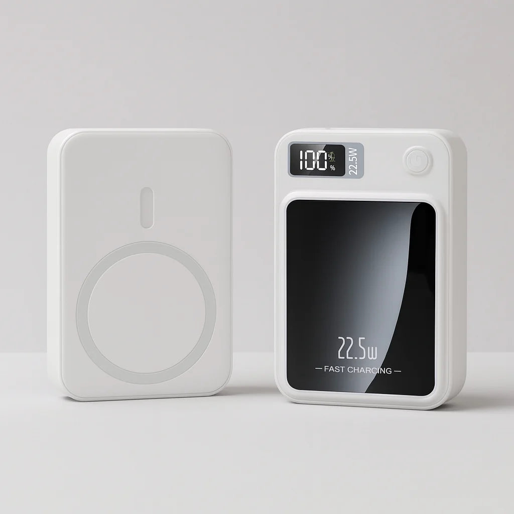 Przenośny powerbank z ładowaniem bezprzewodowym i przewodowym, widok z boku pokazujący kompaktową konstrukcję