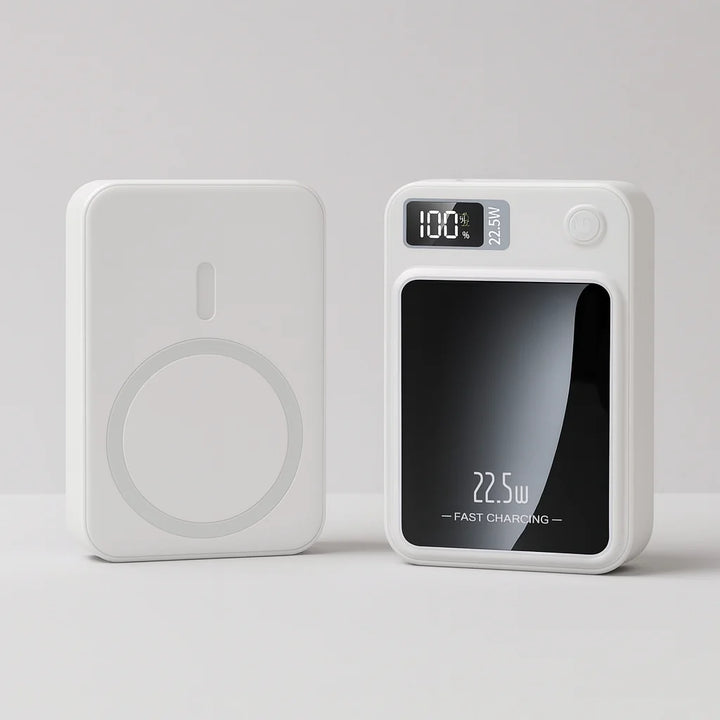 Przenośny powerbank z ładowaniem bezprzewodowym i przewodowym, widok z boku pokazujący kompaktową konstrukcję