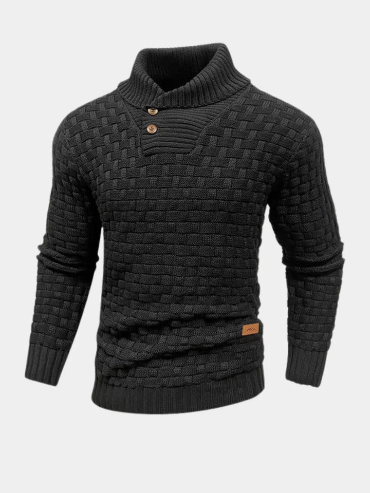Sweter męski z wysokim golfem i plecionym wzorem w kolorze ciemnoszarym na jasnym tle