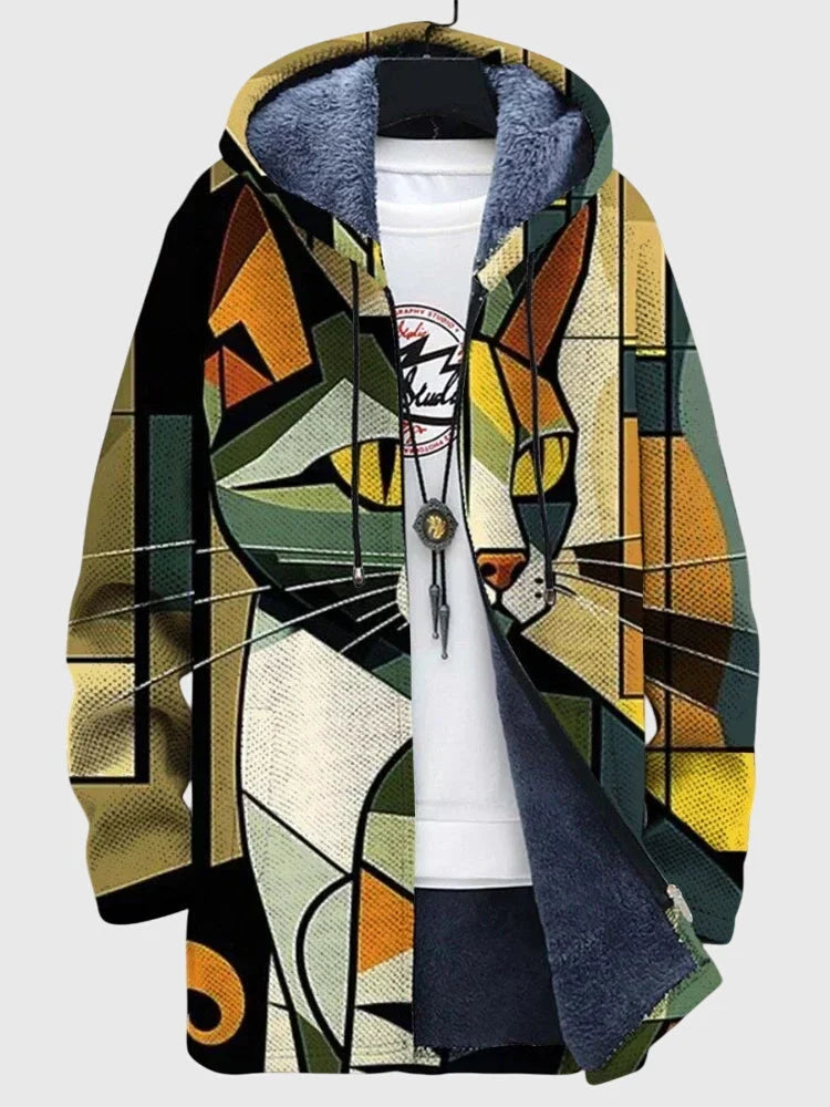 Pełna sylwetka bluzy damskiej oversize z artystycznym printem i podszyciem polarowym