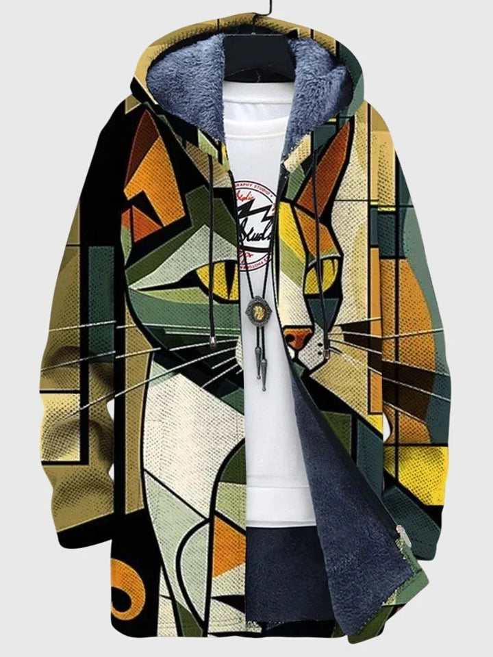 Pełna sylwetka bluzy damskiej oversize z artystycznym printem i podszyciem polarowym