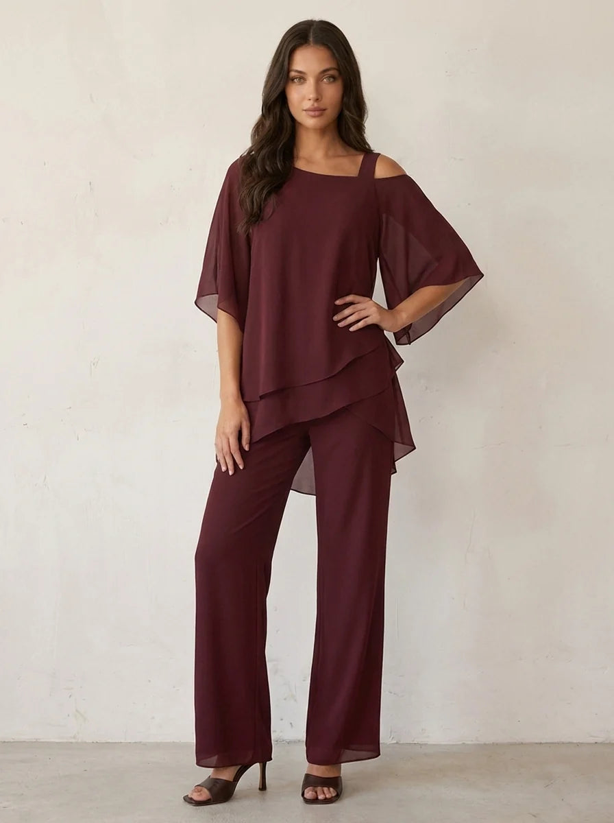 Elegancki zestaw szyfonowy – bordowa bluzka typu kimono i szerokie spodnie o wysokim stanie
