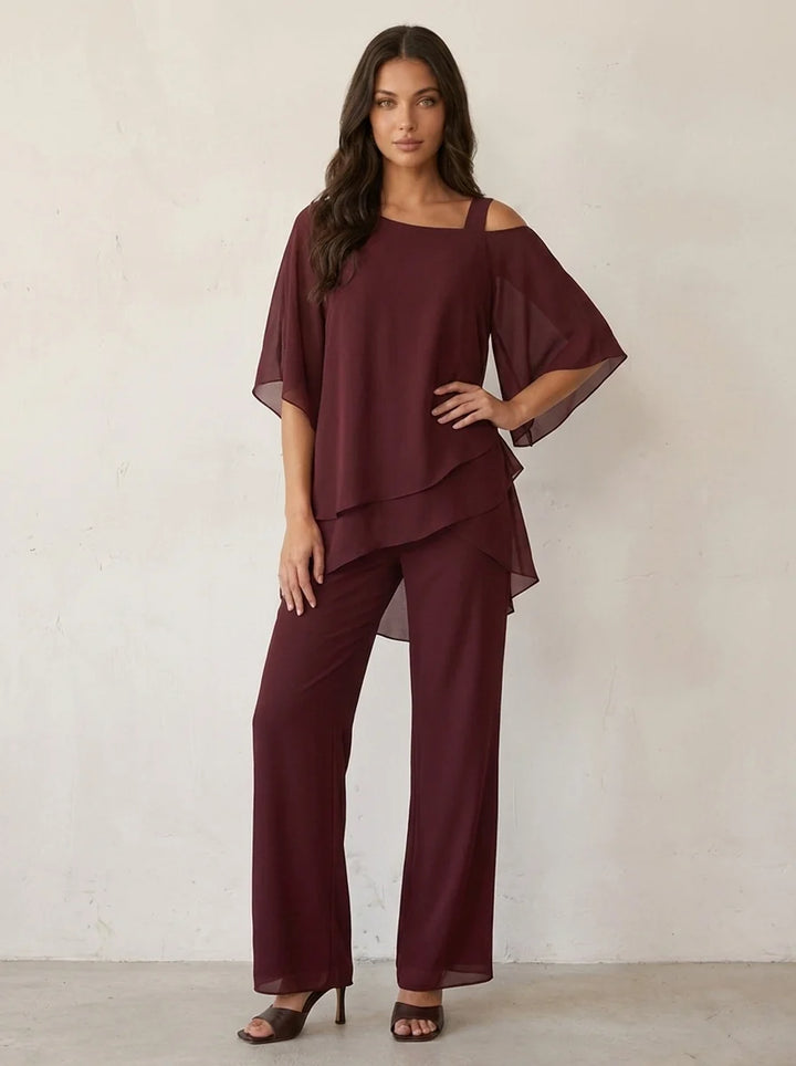 Elegancki zestaw szyfonowy – bordowa bluzka typu kimono i szerokie spodnie o wysokim stanie