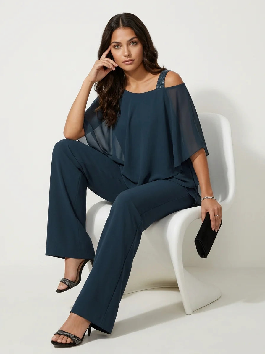 Bordowy komplet szyfonowy – zwiewna bluzka typu kimono i eleganckie szerokie spodnie