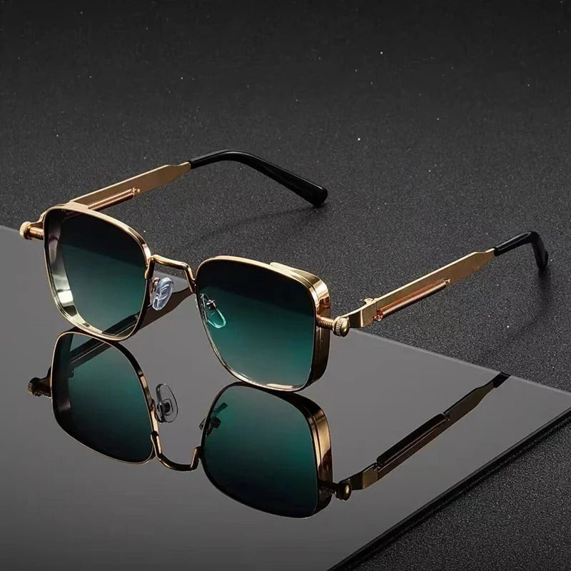 Okulary przeciwsłoneczne damskie z metalową złotą oprawką i gradientowymi zielonymi szkłami w stylu retro kwadratowym