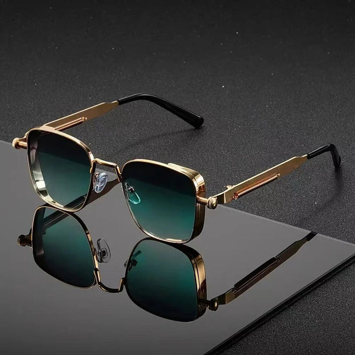 Okulary przeciwsłoneczne damskie z metalową złotą oprawką i gradientowymi zielonymi szkłami w stylu retro kwadratowym