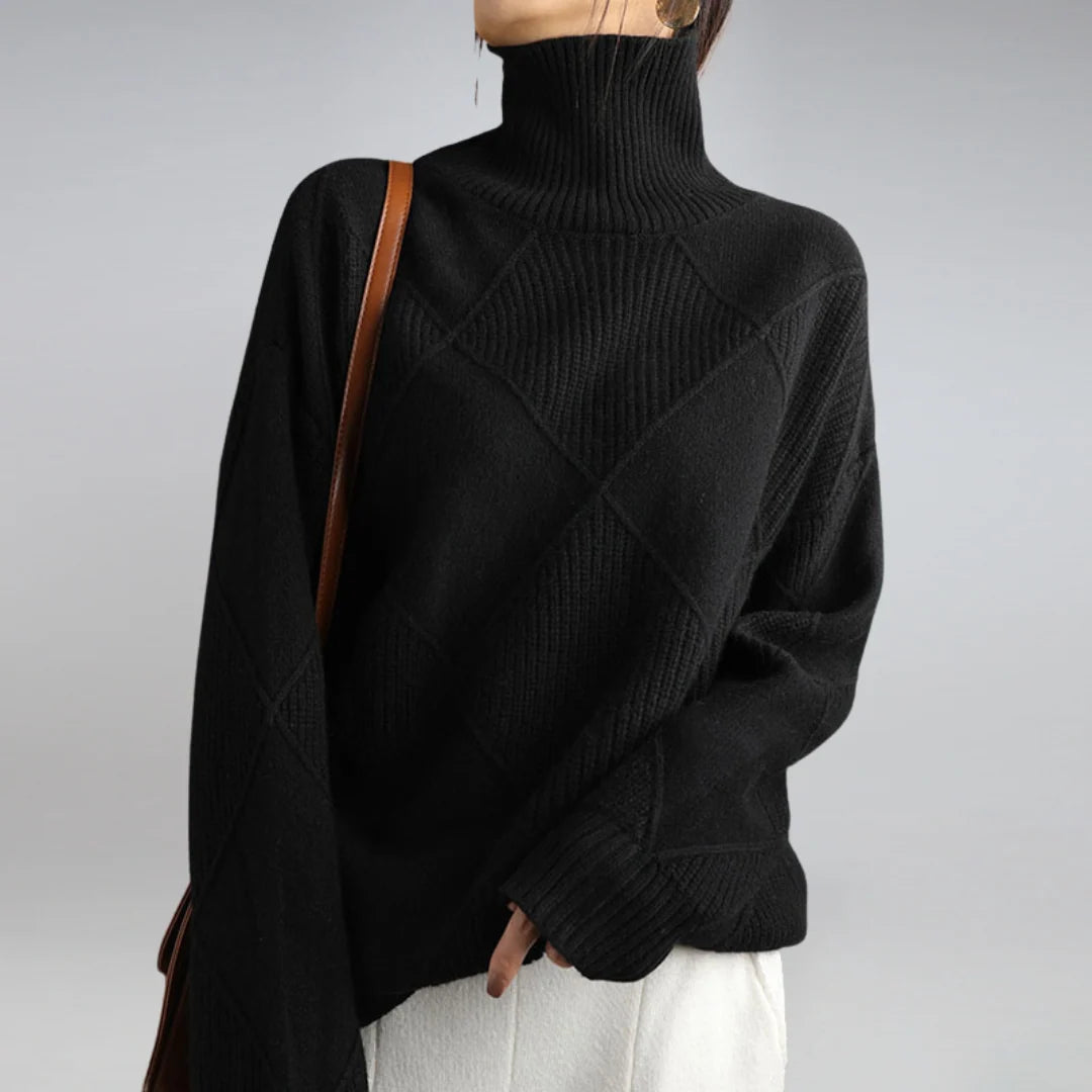 Sweter damski golf beżowy w stylizacji casualowej, widok z boku, wysoki kołnierz