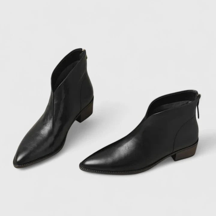 Women's ankle boots with pointed toe and low block heel in structured black finish