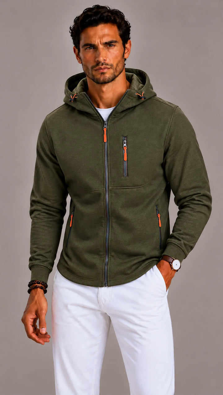 Bluza męska z kapturem polarowa w kolorze khaki z pomarańczowymi akcentami na zamkach