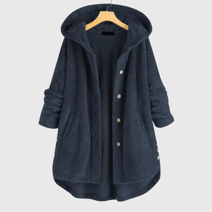 Kurtka fleece damska z kapturem i ozdobnymi guzikami w miękkim pluszowym materiale