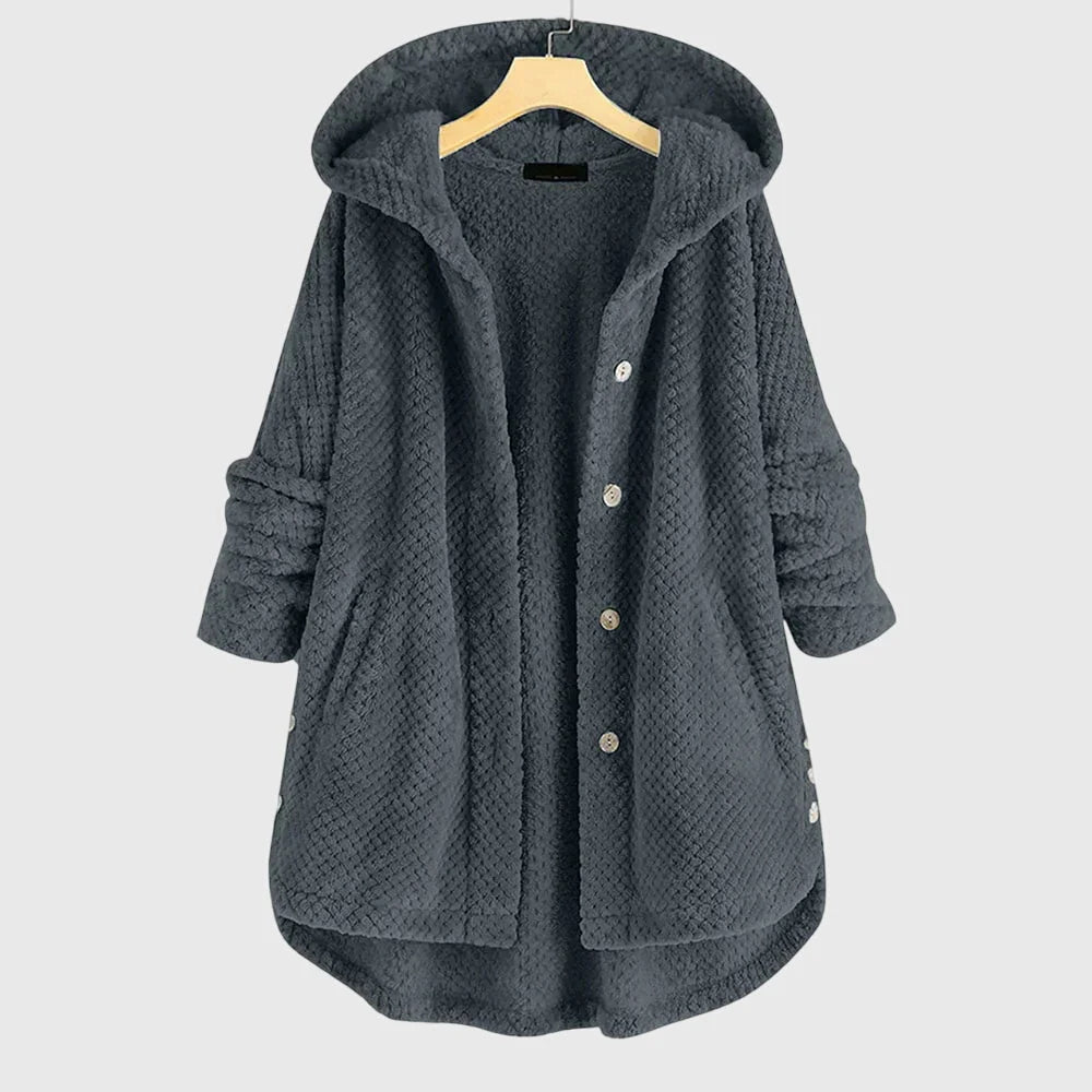 Kurtka damska oversized fleece z kapturem wykończonym futerkiem i kieszeniami bocznymi