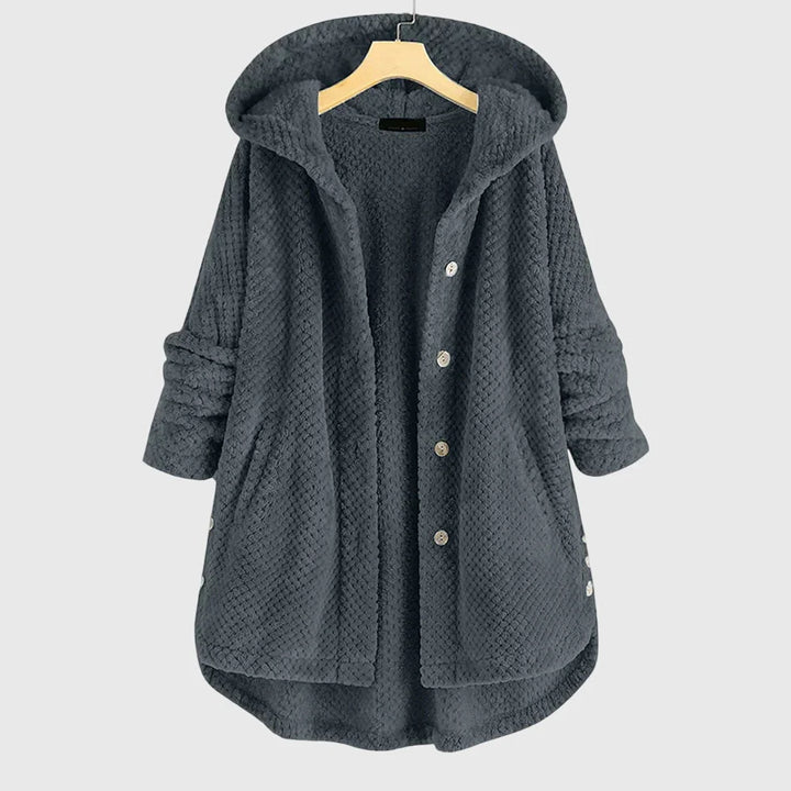 Kurtka damska oversized fleece z kapturem wykończonym futerkiem i kieszeniami bocznymi