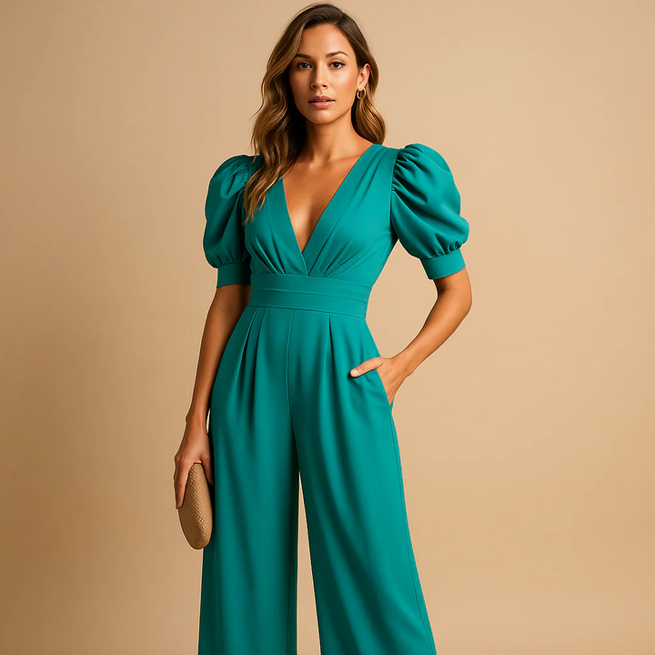 Kombinezon wieczorowy damski z szerokimi nogawkami i dopasowaną górną częścią