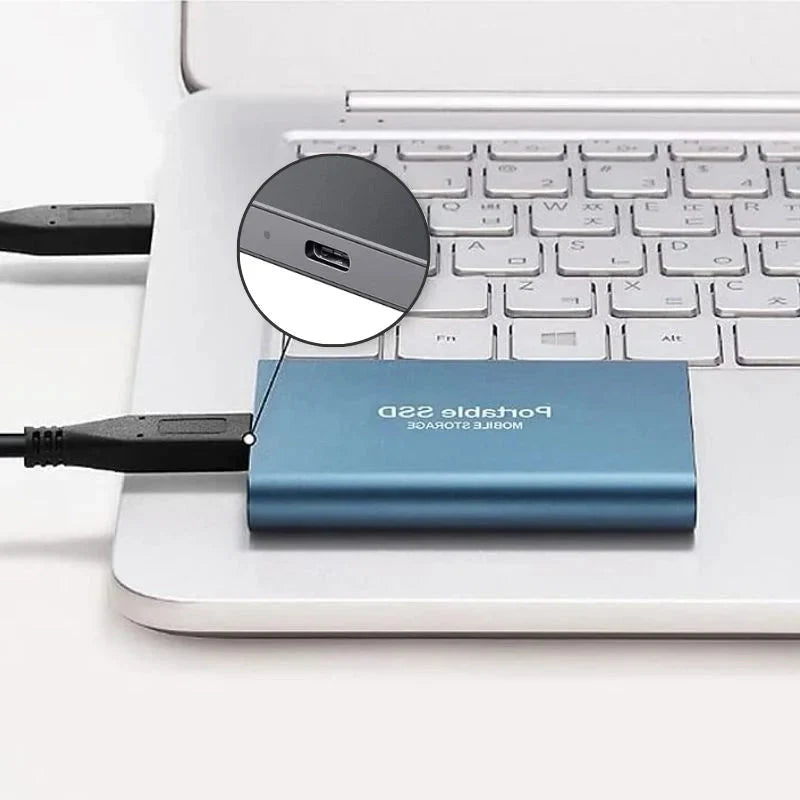Przenośny Dysk SSD USB 3.2 Gen 2 Type-C Do Przechowywania Danych w niebieskiej aluminiowej obudowie z widocznym portem Type-C