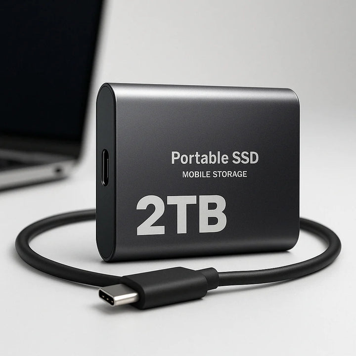 Zewnętrzny dysk SSD 2 TB USB-C z kablem USB-C i kompaktową metalową obudową w kolorze szarym na biurku