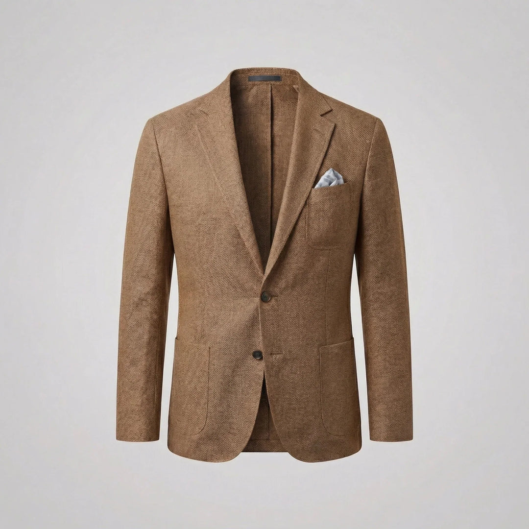 Marynarka męska casual w kolorze brązowym o kroju slim fit z klapami z wcięciem i zapięciem na dwa guziki