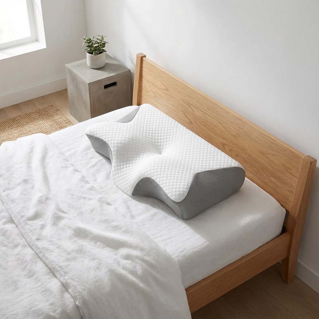 Zbliżenie na pikowany pokrowiec ergonomicznej poduszki do spania z widoczną strukturą materiału