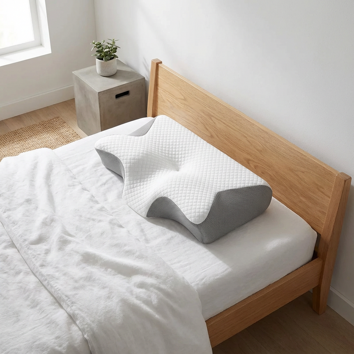 Zbliżenie na pikowany pokrowiec ergonomicznej poduszki do spania z widoczną strukturą materiału