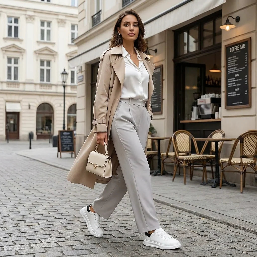 Białe skórzane sneakersy z niską cholewką i gładkim wykończeniem w stylizacji z płaszczem i spodniami