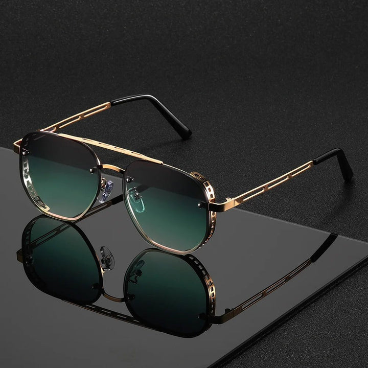 Geometryczne okulary damskie z dekoracyjnymi złotymi detalami i nowoczesnym designem aviator na eleganckim tle