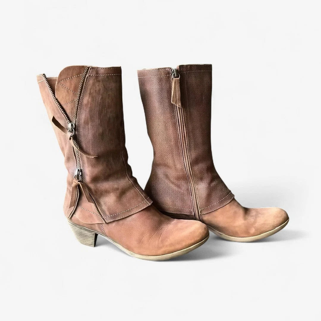 Women's mid-calf boots in brown with panel stitching and low block heel shown from side angle