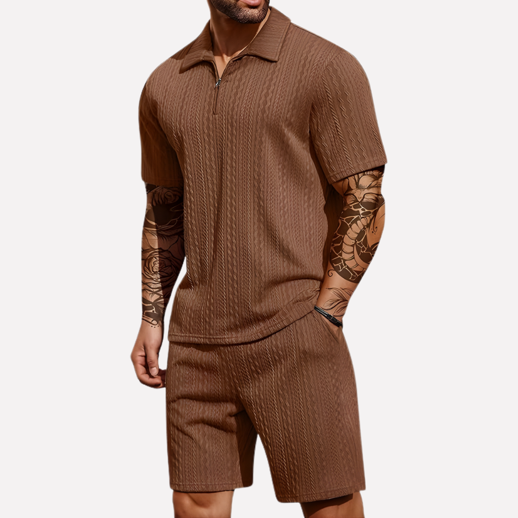 Zestaw męski 2-częściowy w kolorze khaki z kołnierzykiem polo